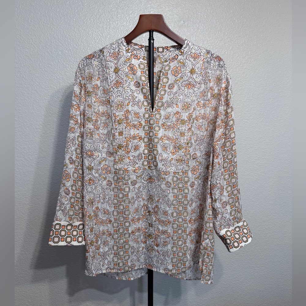 Tory Burch Adrian Tunic Silk Long Sleeve Top with Gold Shimmer Accents - W’s S